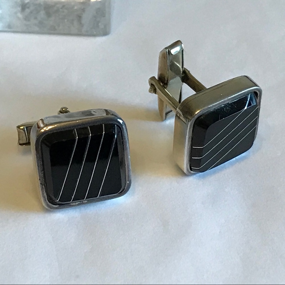Black Onyx Inlaid Sterling Silver Cuff Links
